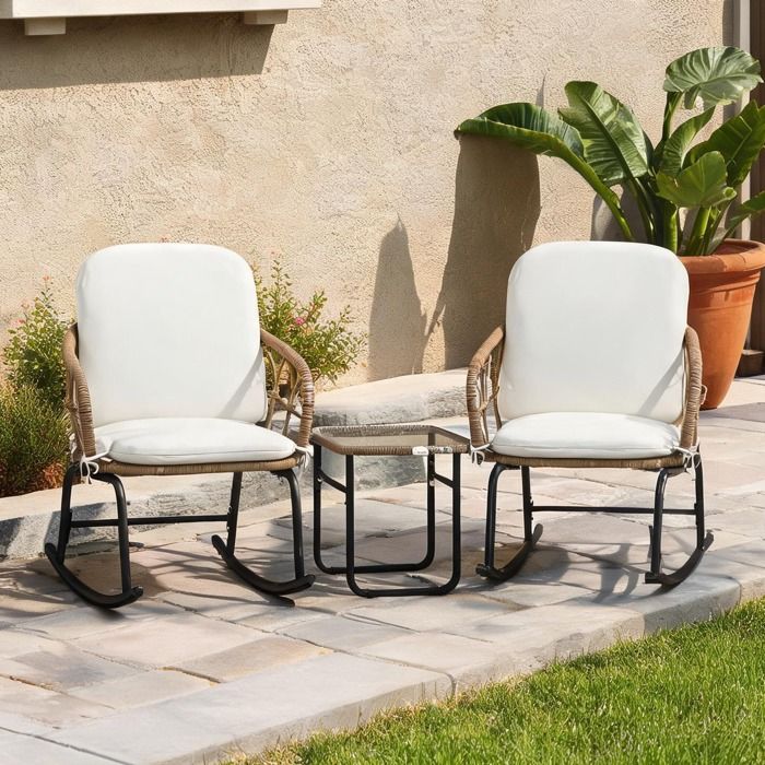 Ensemble de salon de jardin jaune tonique en rotin synthétique 3 pièces – 2 fauteuils à bascule et table basse – Style bohème pour
