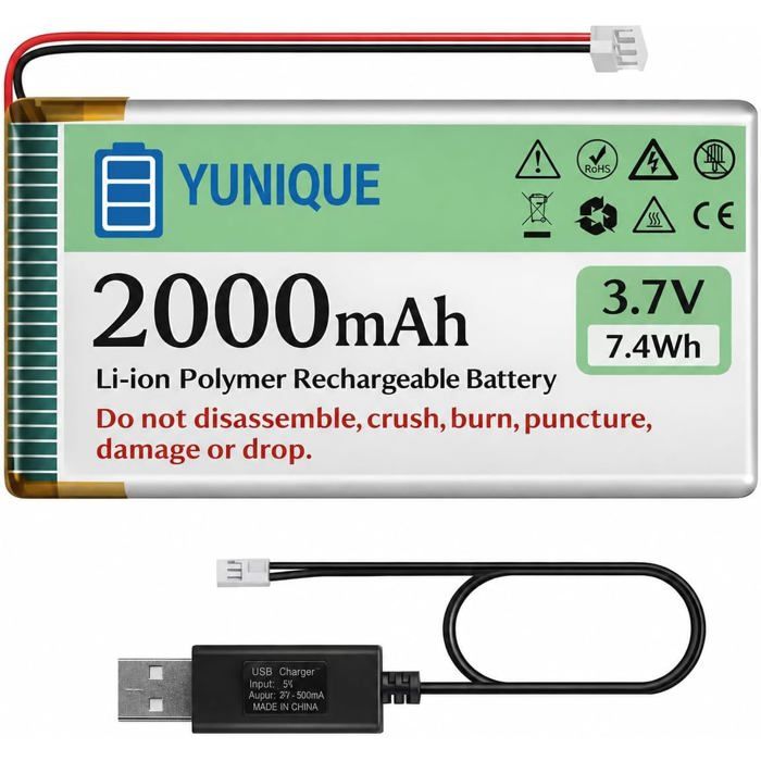 Batterie LiPo 3 7V 2000mAh 103450 avec Connecteur Micro JST 2.0 et Chargeur USB – Batterie Rechargeable 1S pour Arduino