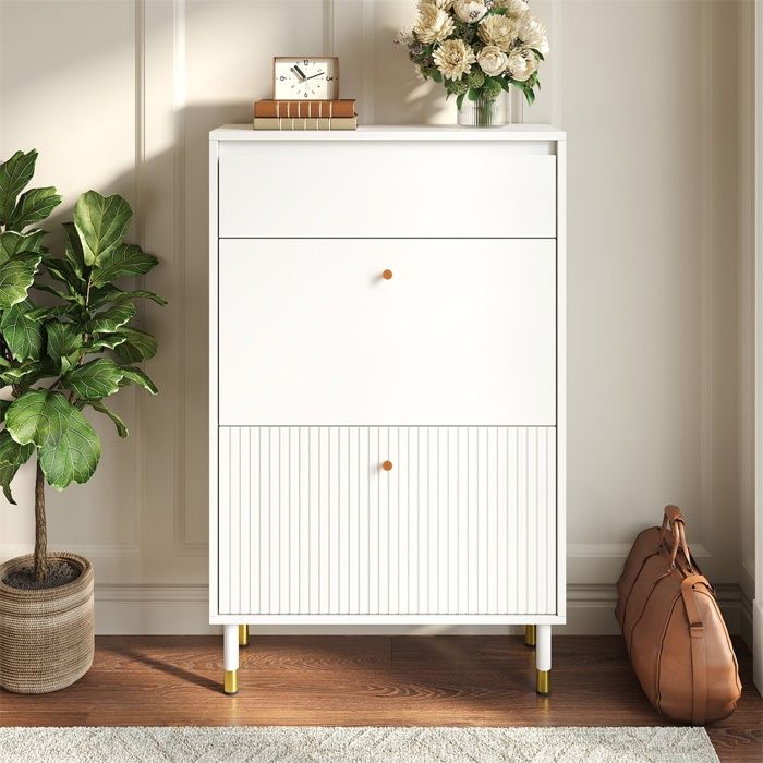 Meuble à chaussures slim - 65 x 24 x 104 cm - avec 1 tiroir et 2 compartiments à abattant vagues - Blanc et Or