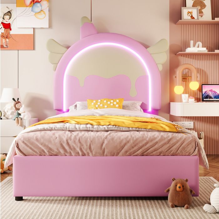 WOVREO Lit enfant rembourré 90 x 200 cm licorne avec LED multicolore 2 tiroirs PU rose sans matelas