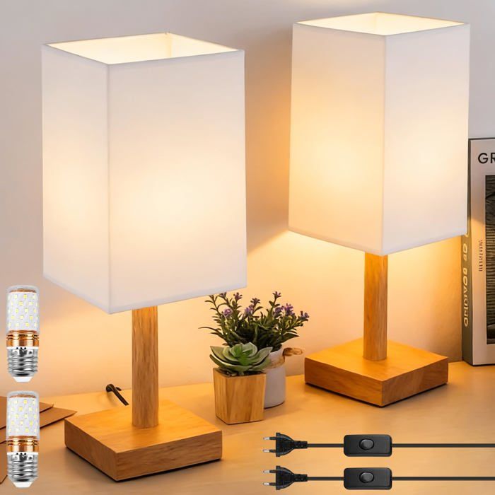 Lot de 2 lampes de chevet design rétro lampes de chevet 3 niveaux de luminosité réglables blanc chaud abat-jour en lin lampe