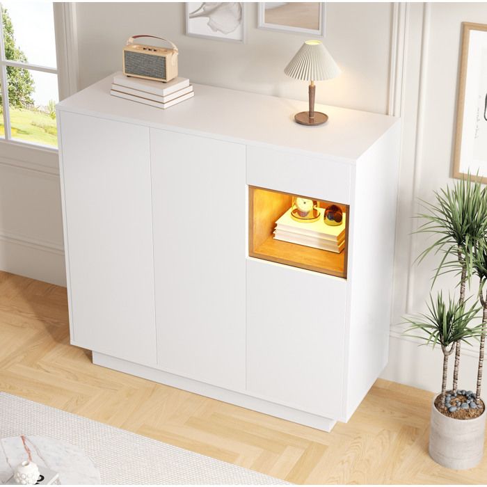 WOVREO Meuble à chaussures 105x395x1005 cm avec LED 16 couleurs 1 tiroir étagères réglables blanc et naturel