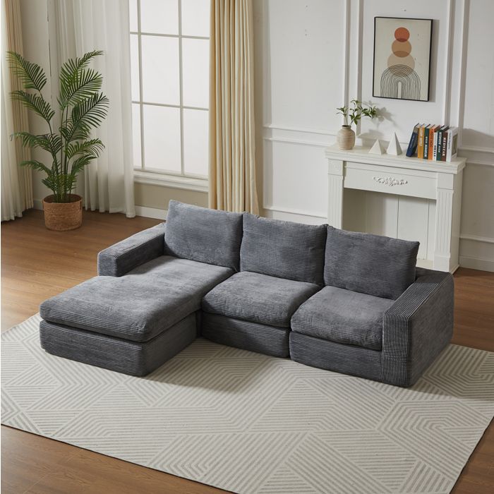 Canapé dangle modulable 3 places en velours côtelé gris foncé méridienne réversible 4 modules 3 coussins