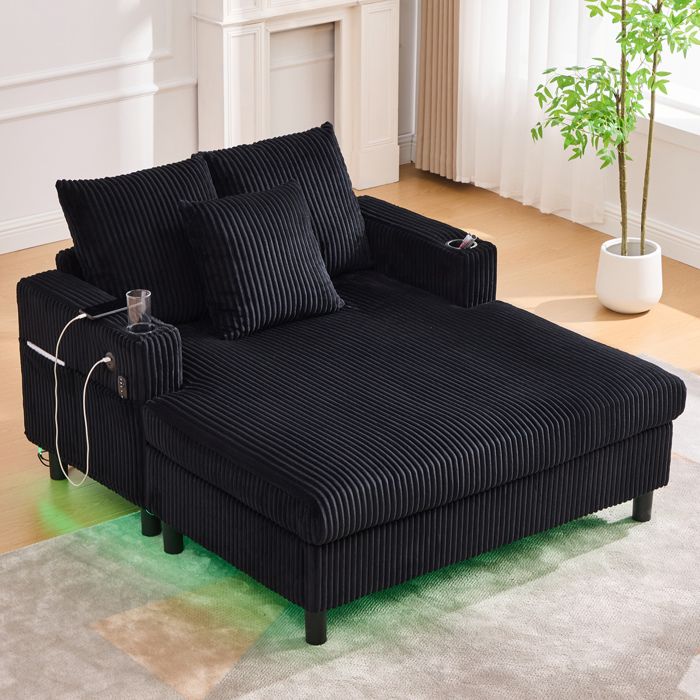 Fauteuil relax 1 place chaise longue en velours côtelé noir avec LED USB porte-gobelet et 3 coussins