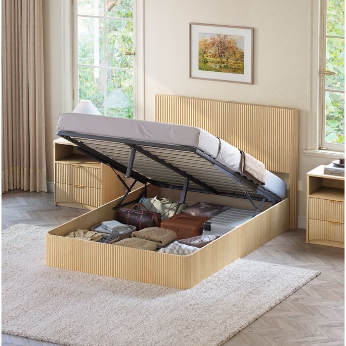 WOVREO Sommier coffre 140 x 200 cm avec système hydraulique silencieux lattes en bois massif chêne clair