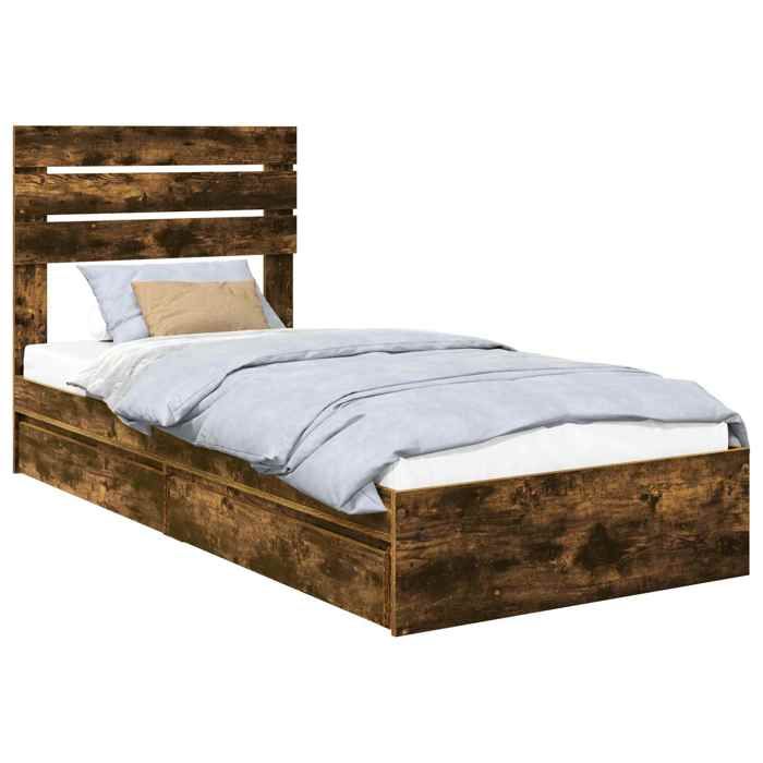 VENTE-FLASH Lit Coffre1 places - Lit chambre - avec rangement - chêne fumé - 90x190 cm - Bois dingénierie ekc25z