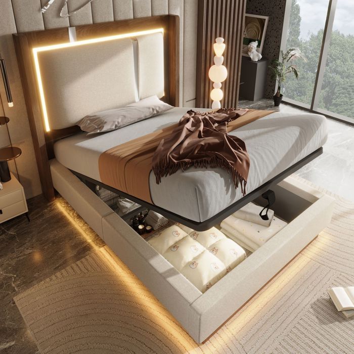 Lit enfant 90x200cm lit coffre lit capitonné sommier à lattes éclairage LED mécanisme hydraulique beige et noyer sans matelas