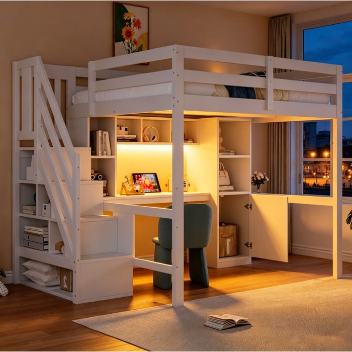 Lit mezzanine 140 x 200 cm blanc avec escalier de rangement bureau étagères placard LED et prises EU