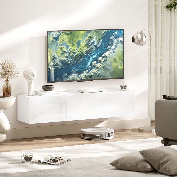 Meuble TV suspendu pour téléviseurs 45-55-65 2 armadietti à portes abattantes 140x33x298 cm blanc