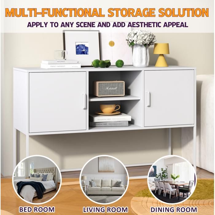 Buffet bas métal blanc 120 x 40 x 75 cm 2 portes 6 compartiments 3 étagères fixes
