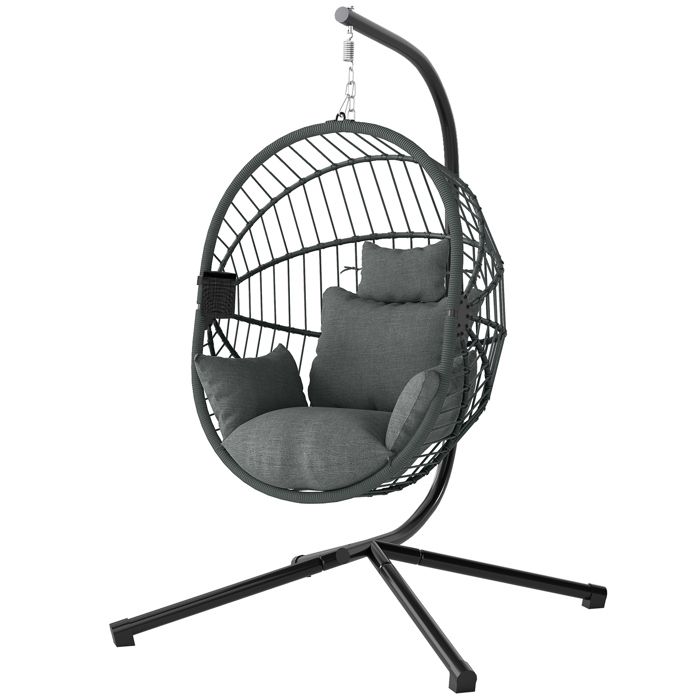 Fauteuil suspendu extérieur 120×106×188 cm gris design en forme d’œuf avec coussin épais et panier suspendu pliable