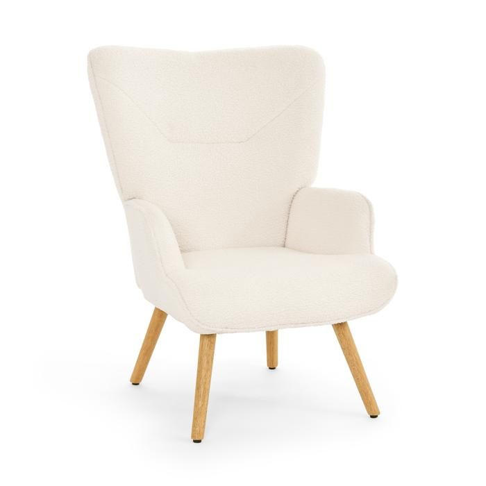 GOEURVANT Fauteuil Lounge Scandinave Tissu Teddy Crème Dossier Haut Salon Pieds Bois Confortable à Accoudoirs