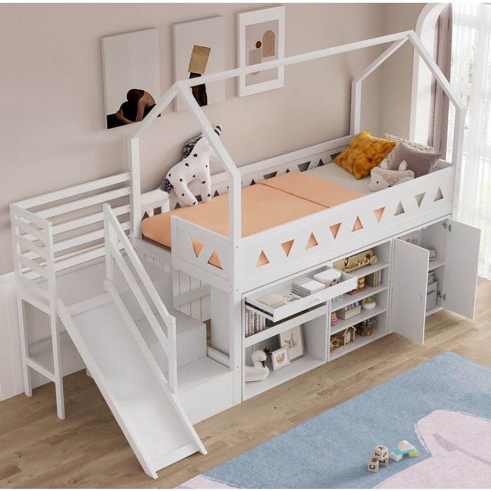 Lit Enfant Bois Blanc 90x200 Lit Combine Toboggan FloraGrace Pour Chambre Enfant Avec Tiroir Et Placards 295x134x199cm