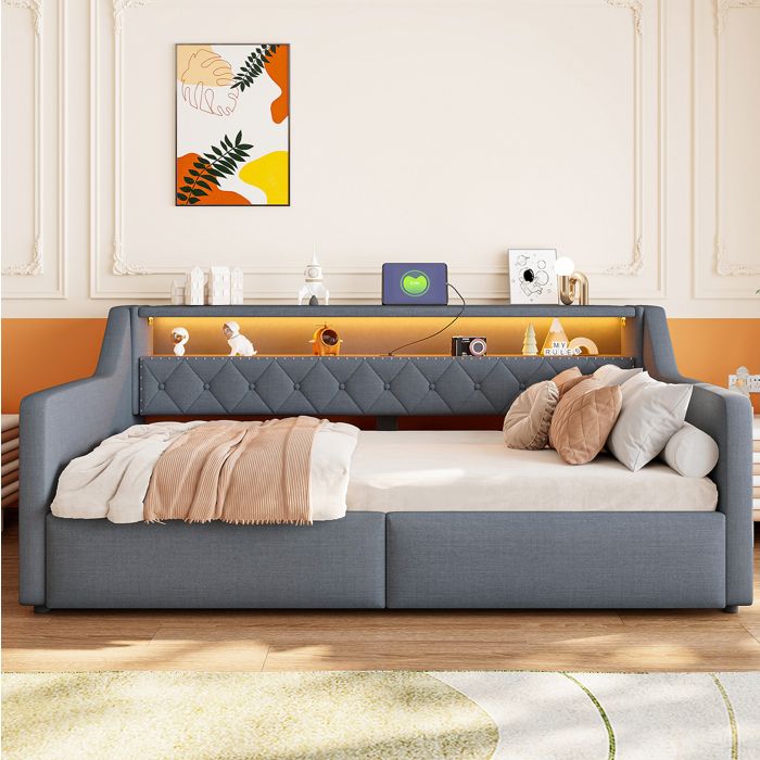 Lit Banquette Simple 90×200 cm LED Coffre Hydraulique USB et Type-C - MIVRAY - Sans Matelas Lin Gris