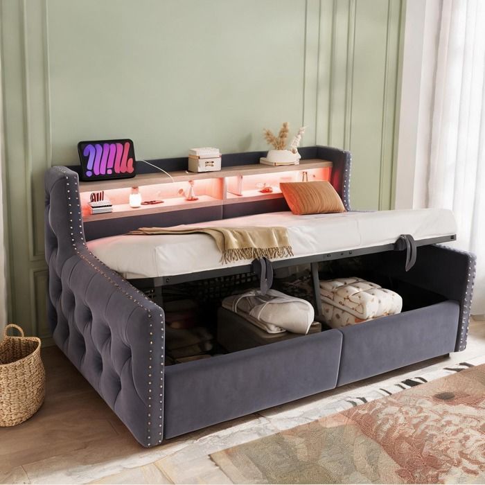 Lit-coffre 90 x 200 cm en velours gris avec LED ports USB-C et rangement hydraulique