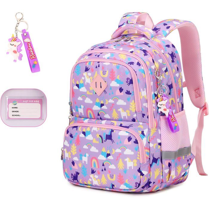 XJYDNCG Cartable Fille PrimaireSac à Dos EnfantMulti‑compartiments Motif Licorne - Violet