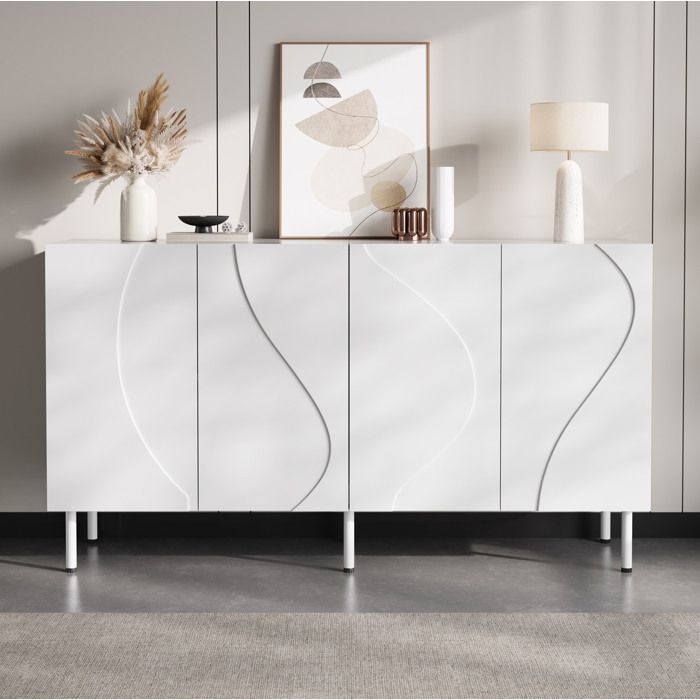 Buffet bas blanc 140 cm 4 portes avec portes 3D push-to-open structure PB MDF et pieds métalliques VEVXYN