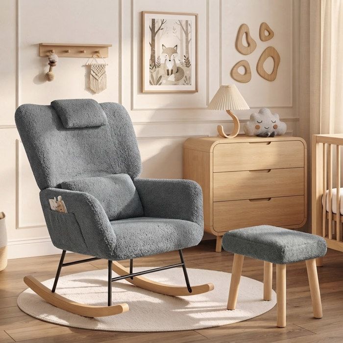 Fauteuil à bascule avec repose-pieds fauteuil de relaxation avec poches latérales et coussin lombaire Laine d’agneau Gris