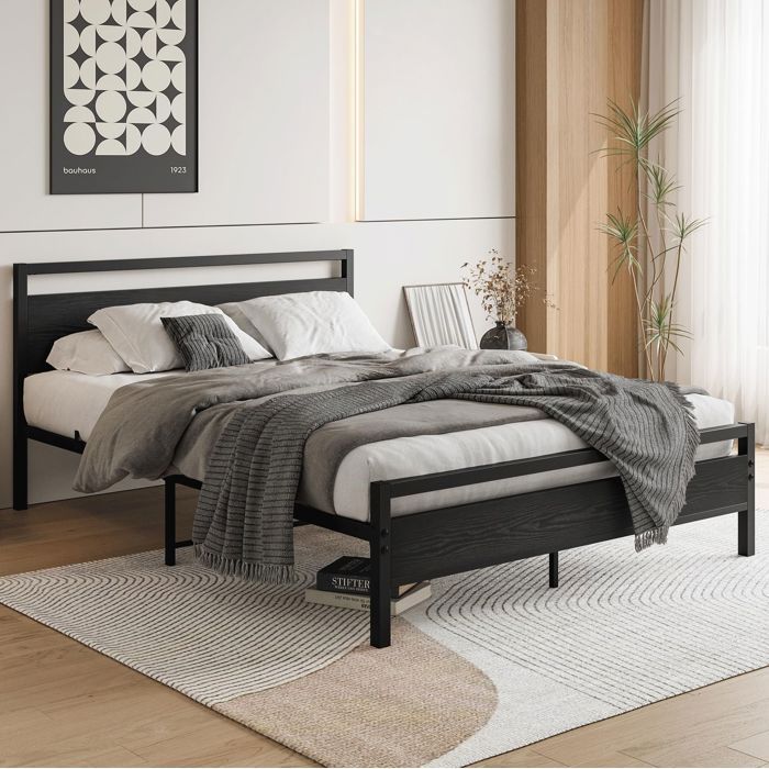 MEULVA Cadre de lit 140x200 cm en métal et MDF noir sommier à lattes inclus rangement sous le lit