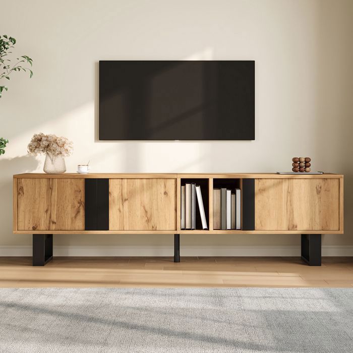 Meuble TV 160x40x50 cm avec 3 Portes 2 Niches Ouvertes Passe-Câbles et Pieds en Métal Noir - Bois Naturel