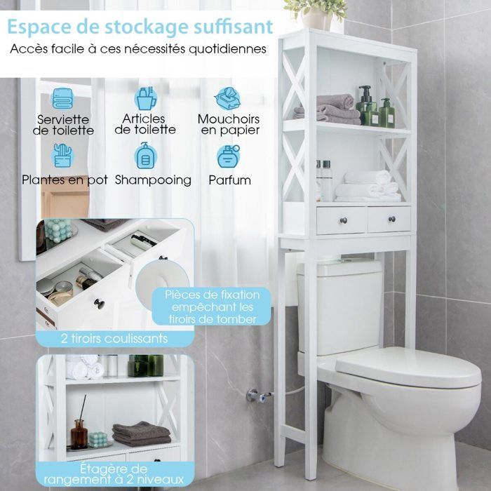 Meuble de rangement WC sur pied 165 cm 3 étagères ouvertes et 2 tiroirs barre réglable salle de bain