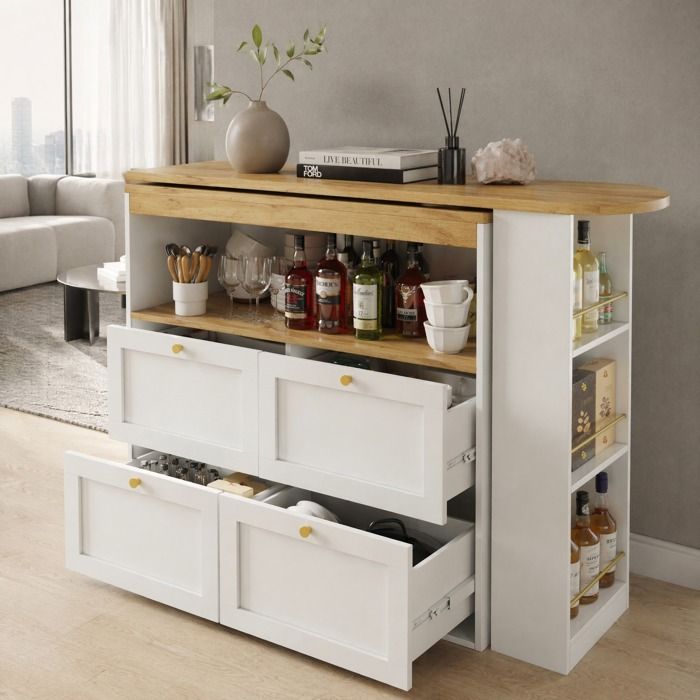 Buffet de cuisine rotatif - ZEVKOR - Pivotant 360° - 4 tiroirs - Plan de travail MDF blanc - Étagères ouvertes