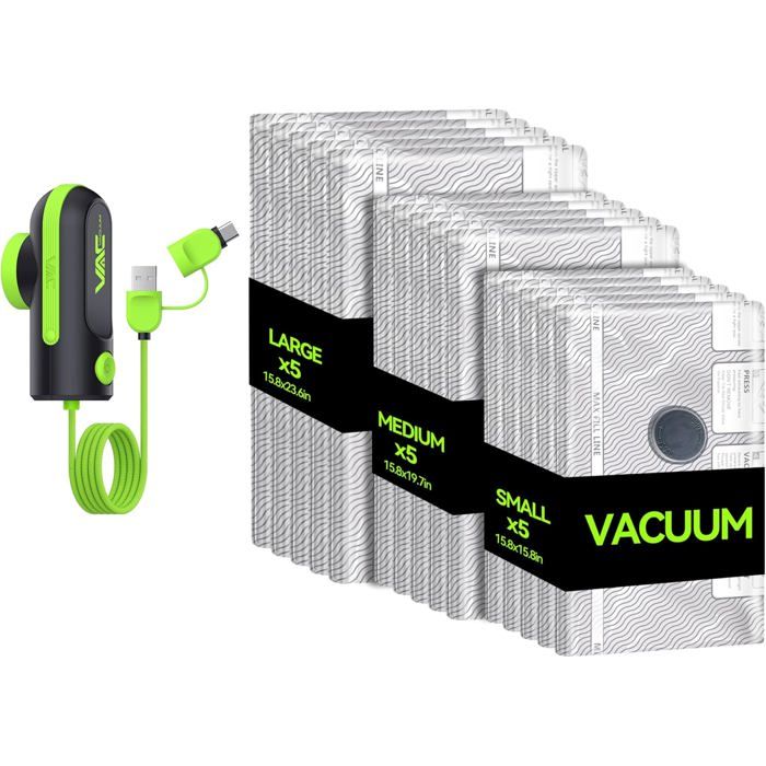 Lot de 15 Sacs Sous Vide Voyage avec Pompe USB & Type-C Taille Cabine Réutilisables Gain de Place pour Vêtements et Valises Vert Lot de 15 Sacs Sous Vide Voyage avec Pompe USB & Type-C Taille Cabine Réutilisables Gain de Place pour Vêtements et Valises Vert