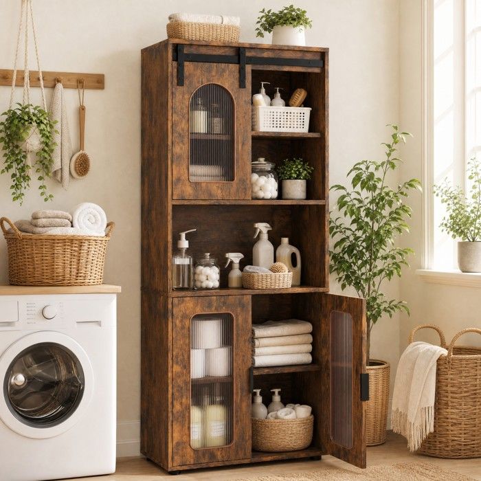 GIANTEX Meuble Salle de Bain Haut Porte de Grange Coulissante Armoire de Rangement avec Placard 2 Portes Étagère Ouverte Marron