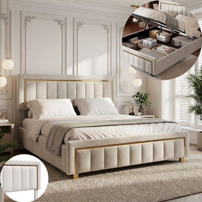 Lit 180x200 avec sommier et tete de lit rembourrée lit coffre 180x200 avec coffre de lit lit king size tissu en velours beige Lit 180x200 avec sommier et tete de lit rembourrée lit coffre 180x200 avec coffre de lit lit king size tissu en velours beige