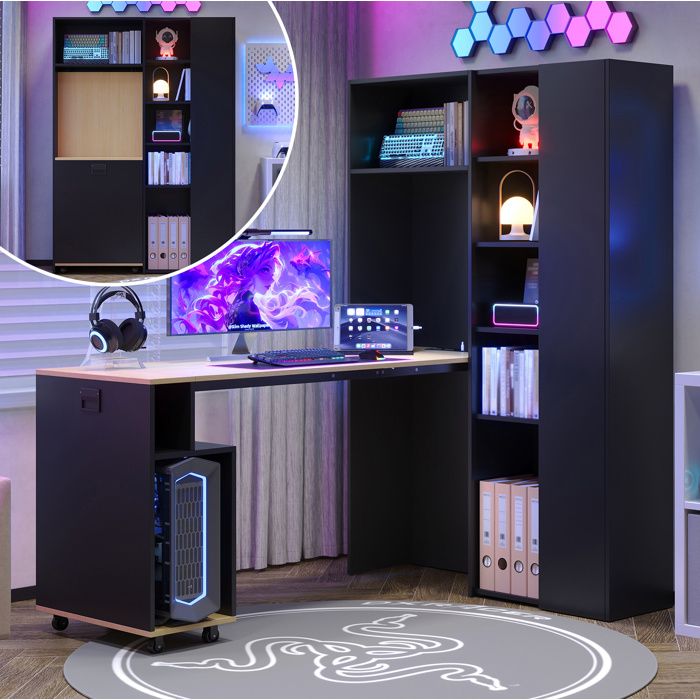 Bureau secrétaire pliant 2 en 1 avec étagères intégrées prise EU USB anti-basculement MDF angle droit ORVRYN