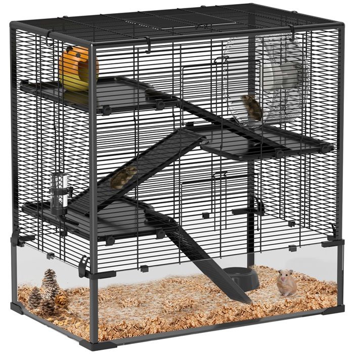 Cage pour hamster à fond en verre enclos à 4 niveaux avec abri et accessoires 78 5 cm (L) x 48 5 cm (l) x 80 cm (H) noire