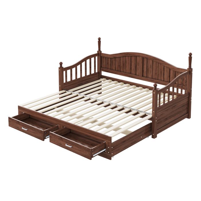 Lit extensible 90/180x190 cm en bois coloris naturel noyer avec dossier et accoudoir tiroirs de rangement sommier à lattes