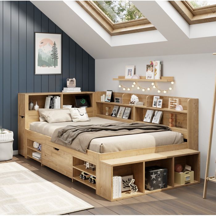 Lit Combiné Multifonctionnel Enfant 90x200 cm - Rangements Tiroirs Étagères Chargeur Sans Fil Bois Naturel