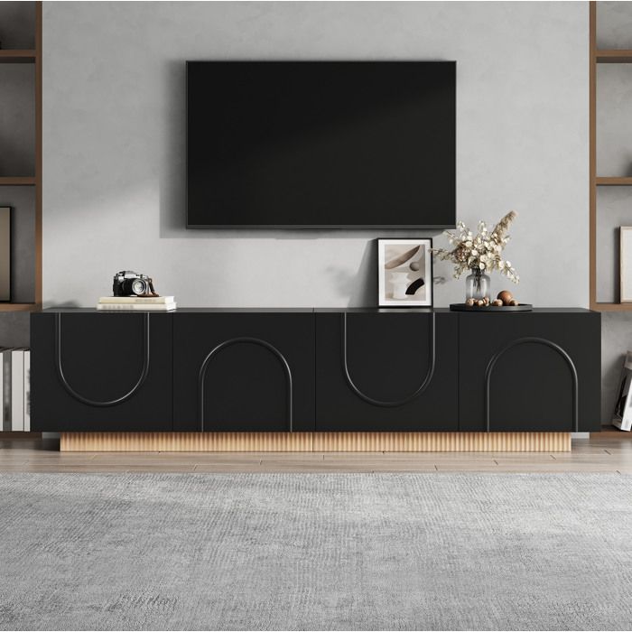 ROVRYN Meuble TV bas 170 cm 4 portes arquées rangement fermé passe-câbles noir