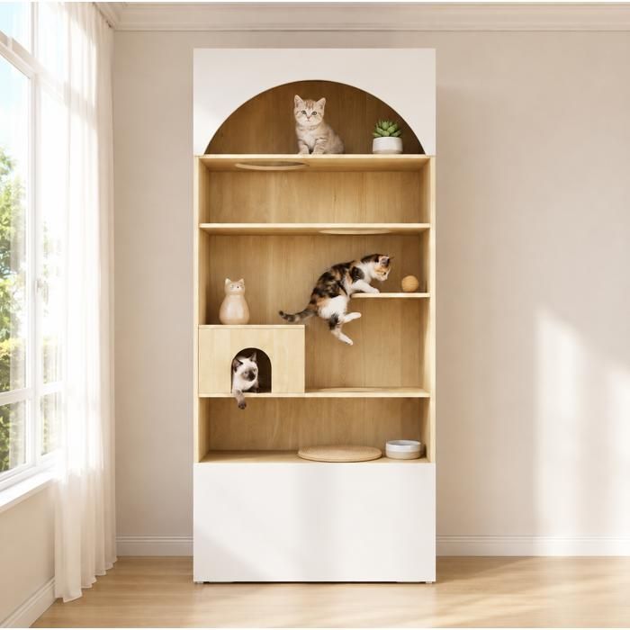 HOMVRA Armoire pour chat 90 x 50 x 200 cm avec niche plateformes et rangement blanc aspect bois