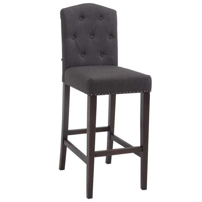 Tabouret de bar chaise haute avec dossier capitonne tissu gris fonce et pieds en bois fonce 10_0000074