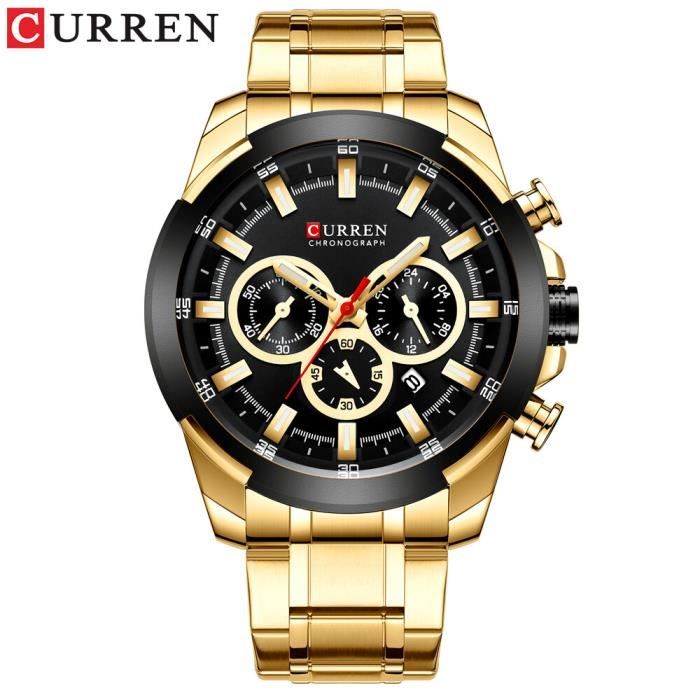Montre Bracelet Homme Classique Or Acier - Mécanisme Quartz - Cadran Noir - Neuf étiqueté