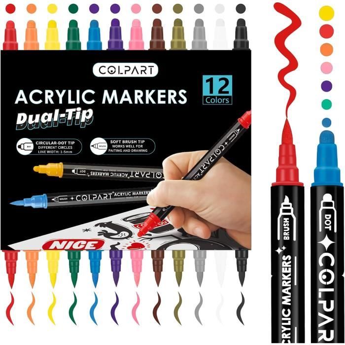 Feutres Acryliques 24 Couleurs Double Pointe - Pointe Fine Et Ronde, Encre Imperméable, Pour Pierre, Céramique, Tissu, Papier, Verre, Plastique…