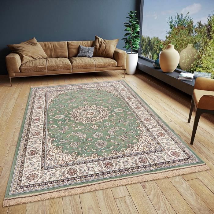 Tapis Oriental Poils Courts Vert - 80 X 150 Cm - Polypropylène - Pour Salon, Salle à Manger