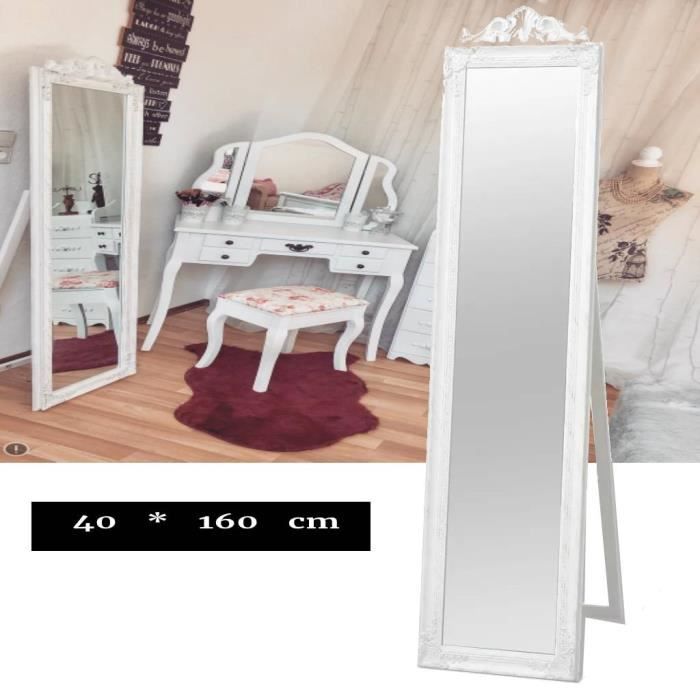 Grand Miroir sur pied Style Baroque Shabby Chic pour Salle de Bain/ Couloir/Chambre/Dressing/Placard en Bois et blanc 160 x 40 cm