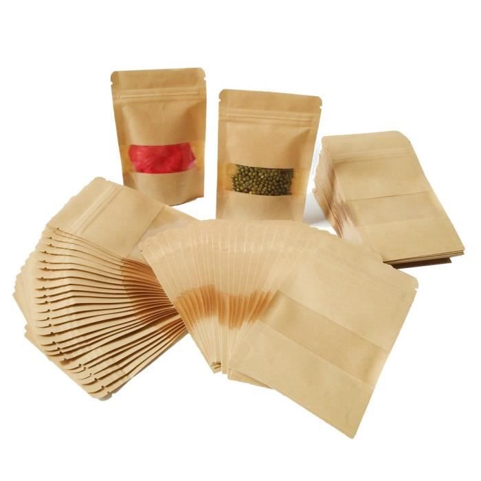 50Pcs 16*26cm Sac de Fermeture à Glissière Sachet Zip Kraft Papier