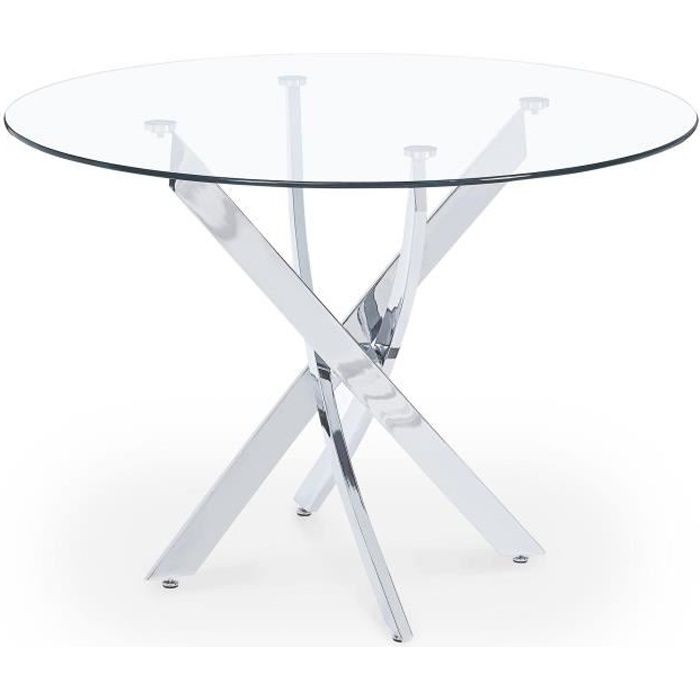 AOYA Table Ronde à Manger En Verre Trempé - Pieds Métal Argenté - 80x80x76 Cm - Pour Salon/Cuisine