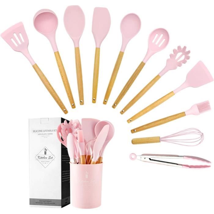 Set 7 Ustensiles De Cuisine En Silicone Rose Avec Support - Spatules, Louche, Cuillères - UX IYI
