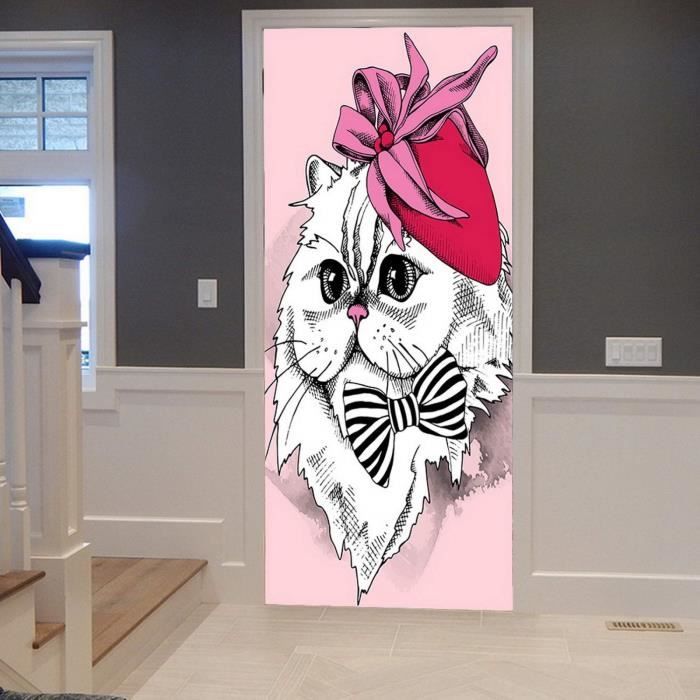 Sticker Porte 3D Chat Mignon A.Monamour - Autocollant Mural Animalier 85x200cm, Décoration Vinyle Amovible