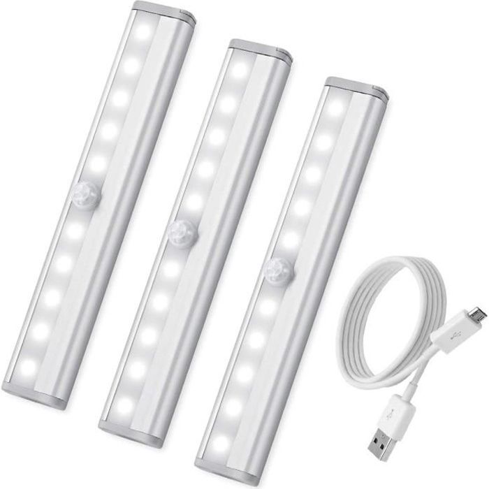 3PCS Lampe Détecteur de Mouvement, USB Rechargeable Veilleuse LED