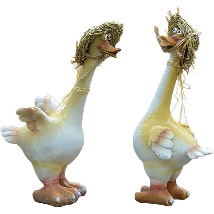 Statue de jardin en résine imitation canard jaune avec chapeau de paille Lot de 2 statues d