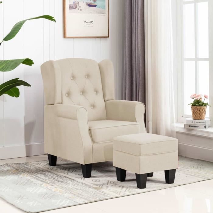 Fauteuil avec repose-pied - Crème - Tissu - Confortable - Design contemporain - 1 place