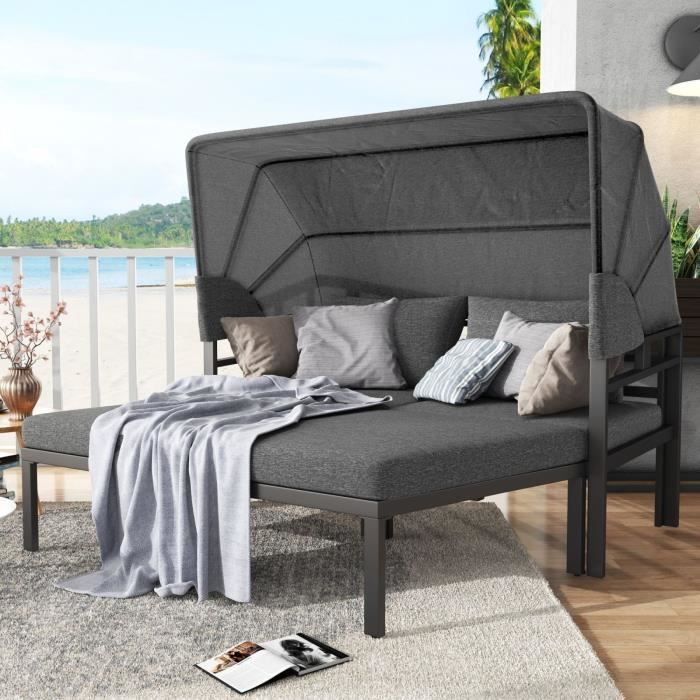 Salon de jardin, canapé d'extérieur avec auvent et coussins, ensemble de meubles de jardin, 4 places, gris