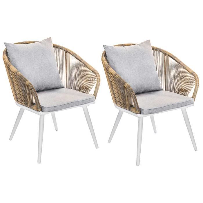 lot de 2 fauteuil de jardin en résine tressée structure alu blanc + coussin chiné gris/beige maldives - jardiline 60x63x76cm beige