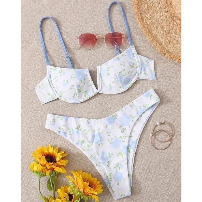 Maillot De Bain 2 Pièces Bandeau à Fleurs Avec Push-up Et Détails Ruchés - Neuf Avec étiquettes